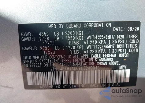 2020 Subaru Outback Premium z USA, uszkodzony, nr VIN 4S4BTACC9L3249018